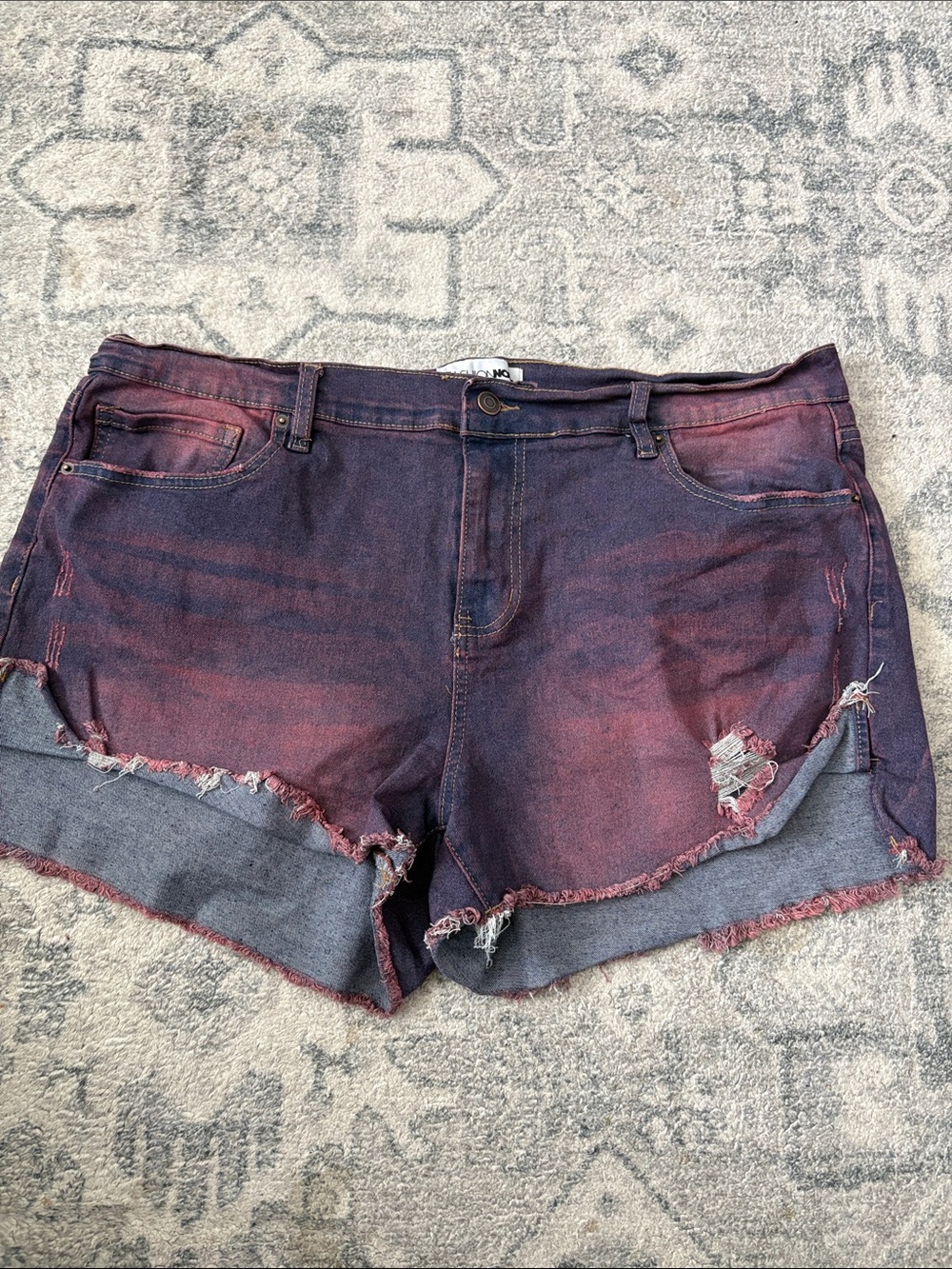 Fashion Nova Burgundy & Navy Distressed High-Rise Denim Shorts